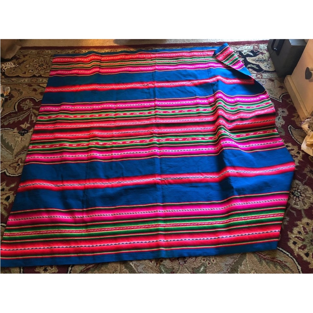 Vintage Mexico Multicolor Embroidery  Tablecloth Pink And Blue 60x60”